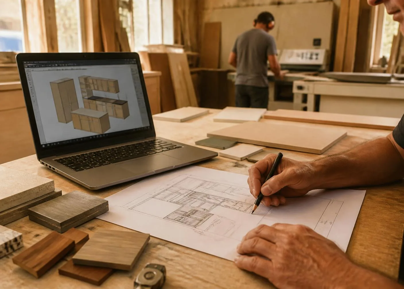 Diseño de una cocina a medida en Sketchup junto a muestras de MDF en el taller de PH Amoblamientos